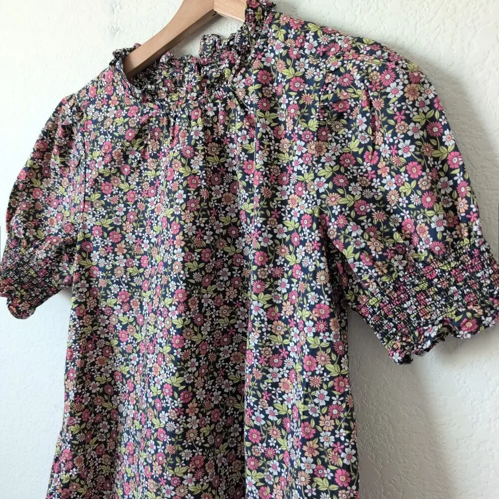 J.Crew Blouse XXS 2XS Floral Ruffle‎ Neck Smocked Puff Sleeve Cotton Poplin